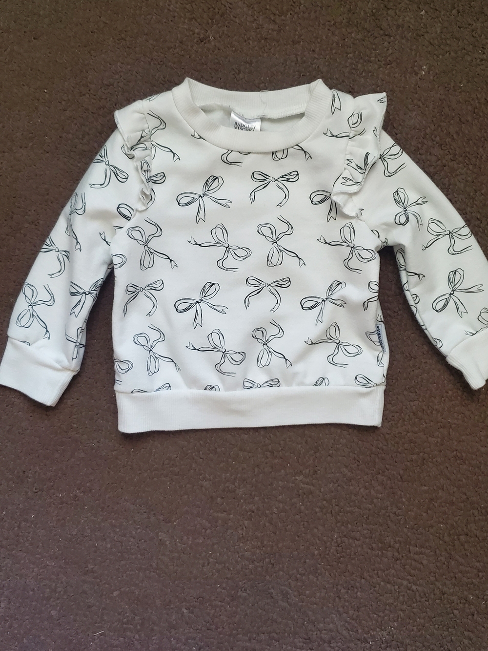 Badgley Mischka Sweatshirt with Black Bow Print and Ruffle Shoulders